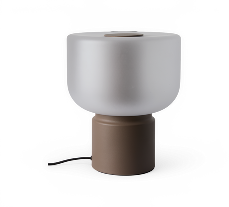 Bordslampa med frostat vitt glas och brun cylindrisk bas med svart sladd.