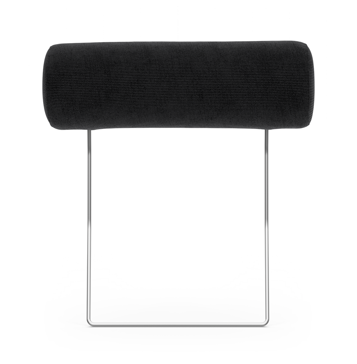 Modern svart skammel med cylindrisk bolsterkudde och kromad slädram, fotograferad rakt fram i studiobelysning.