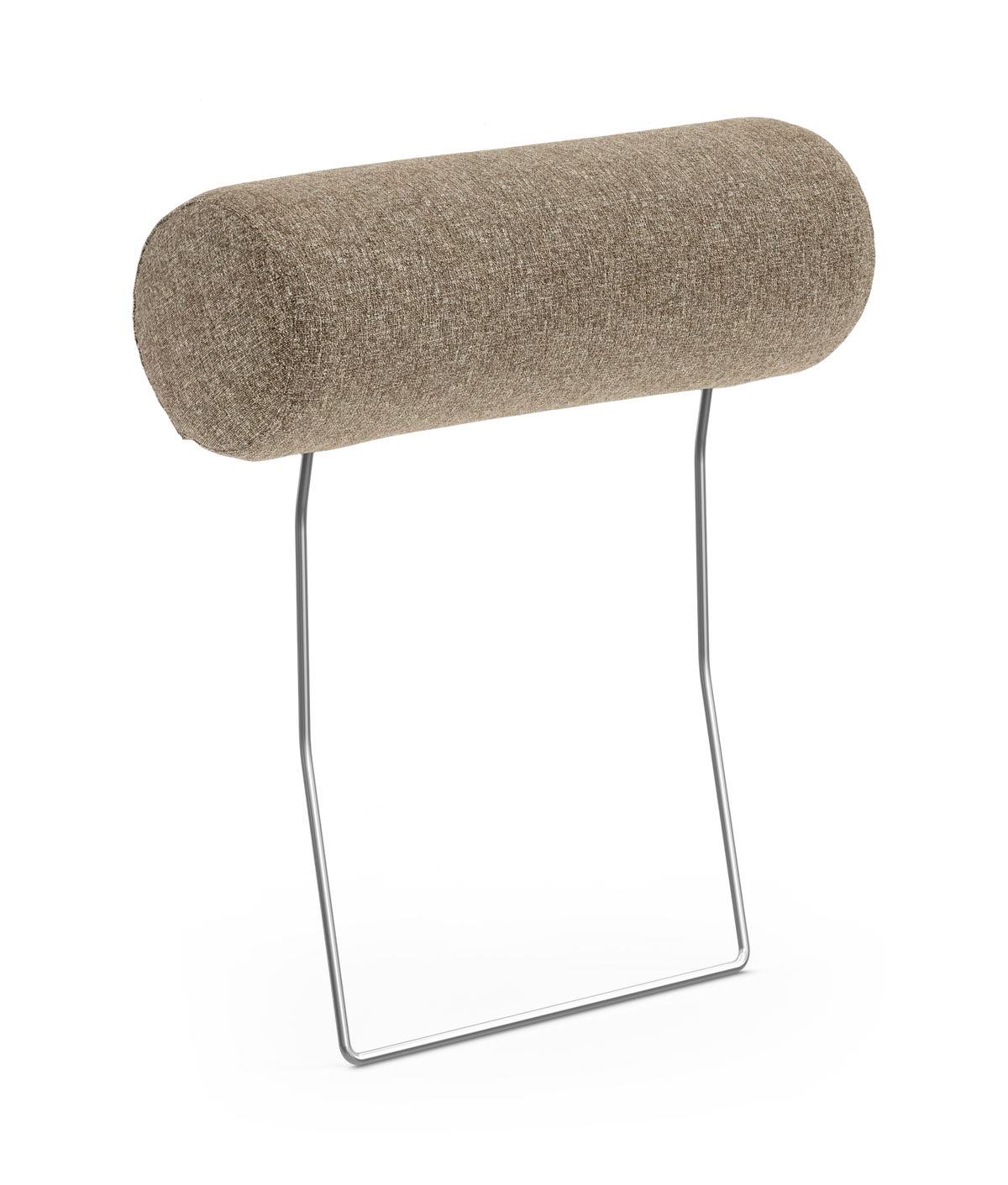 Beige cylindrisk nackkudde/bolster på kromad metallram, frilagd på vit bakgrund.