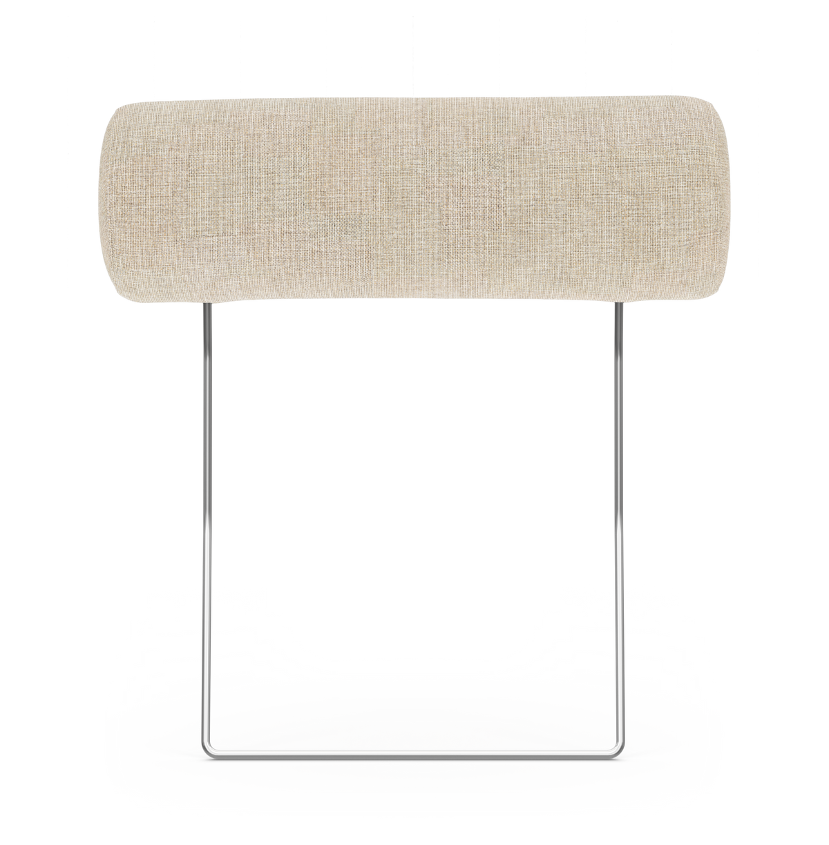 Beige cylindrisk nackkudde på kromad U‑formad metallram, frilagd på vit bakgrund.