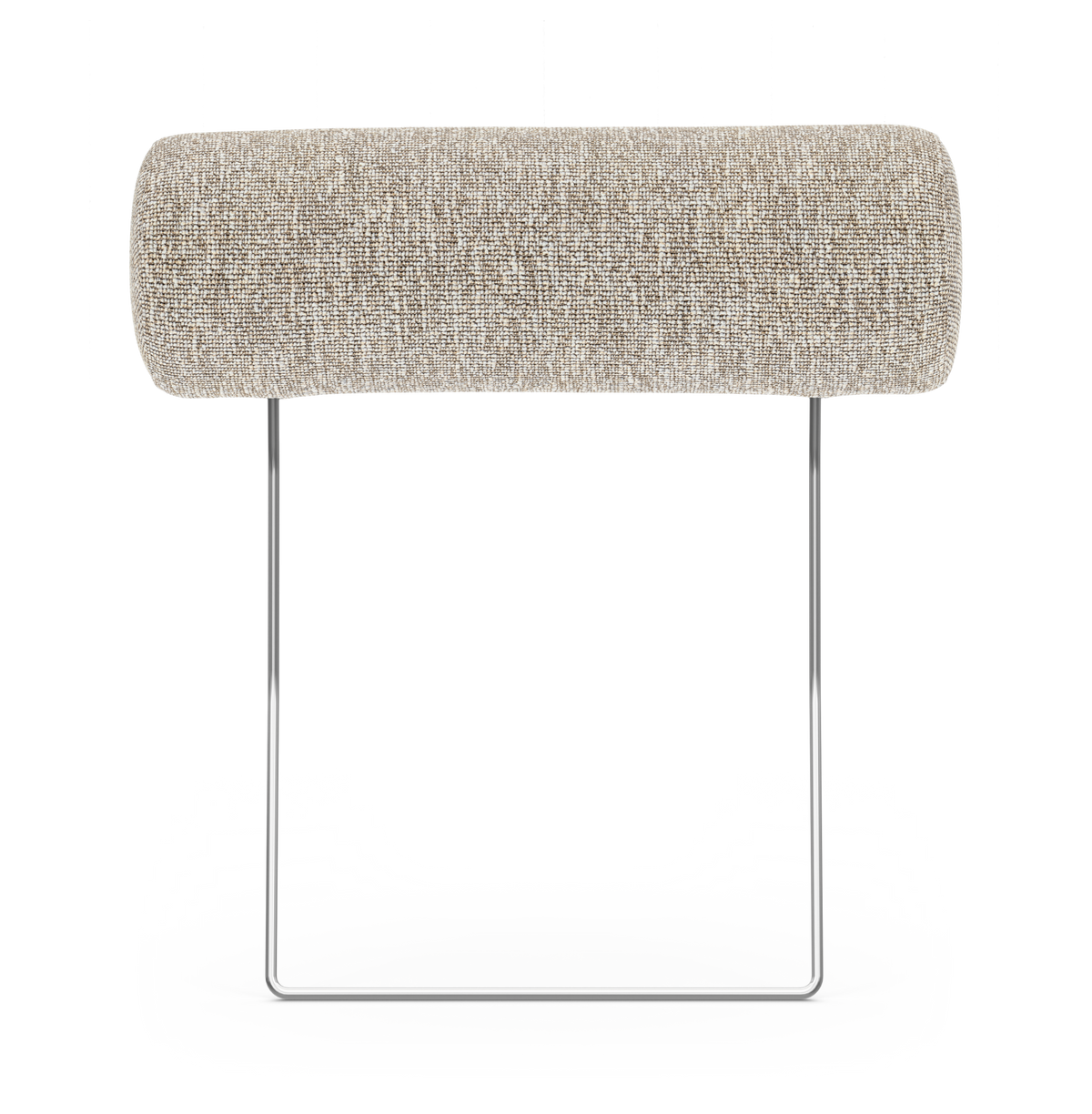 Beige cylinderformad nackkudde i textil på slimmad kromad metallram, frilagd produktbild framifrån.