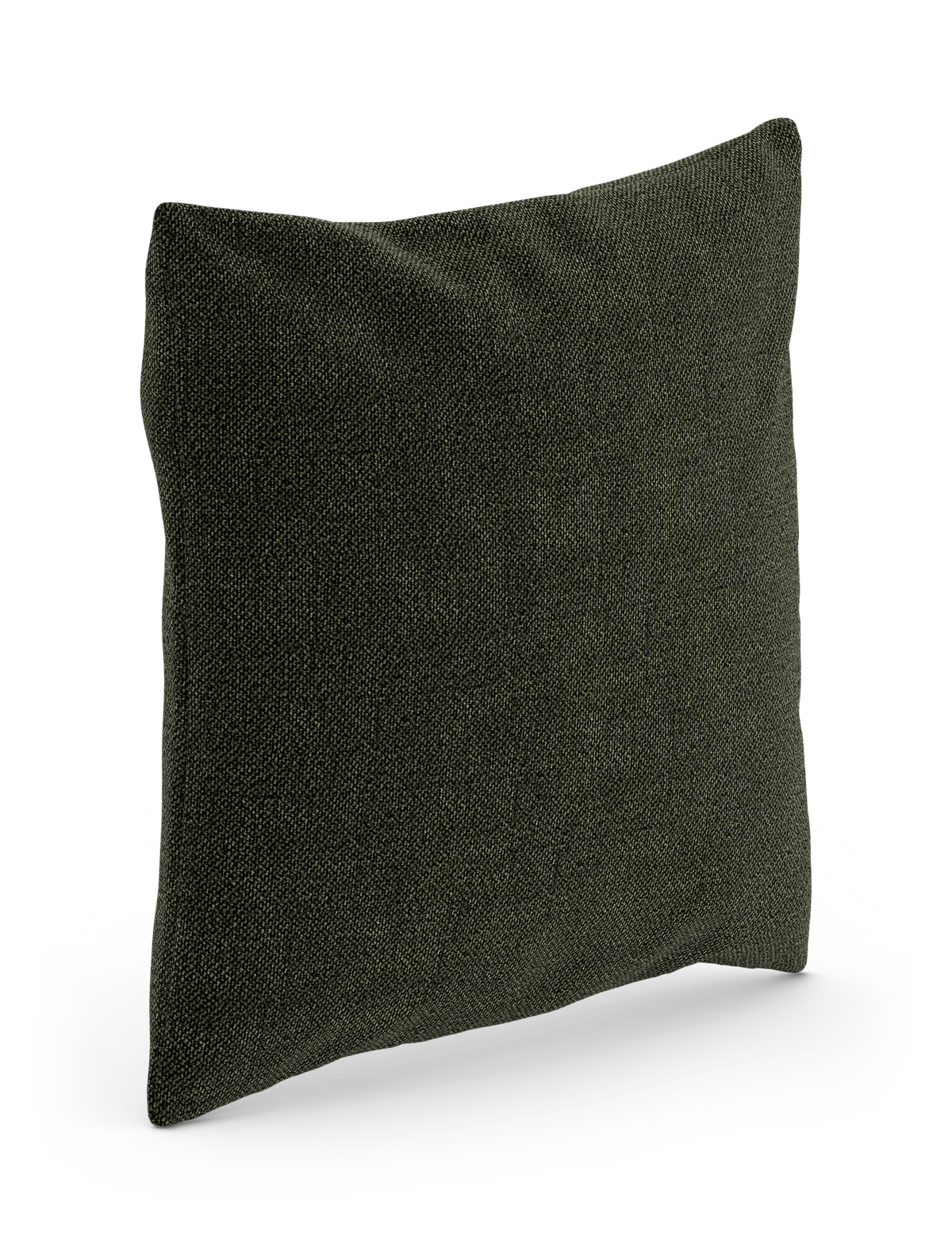 Mörkgrön kudde i textil, fristående mot vit bakgrund.