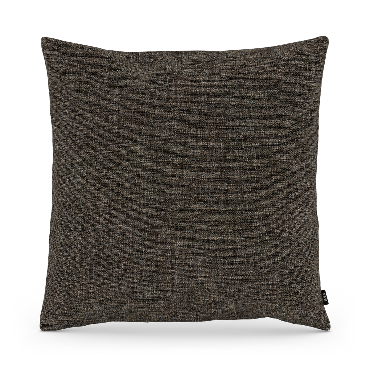 Mörkgrå fyrkantig kudde i vävd textil, frilagd mot vit bakgrund.