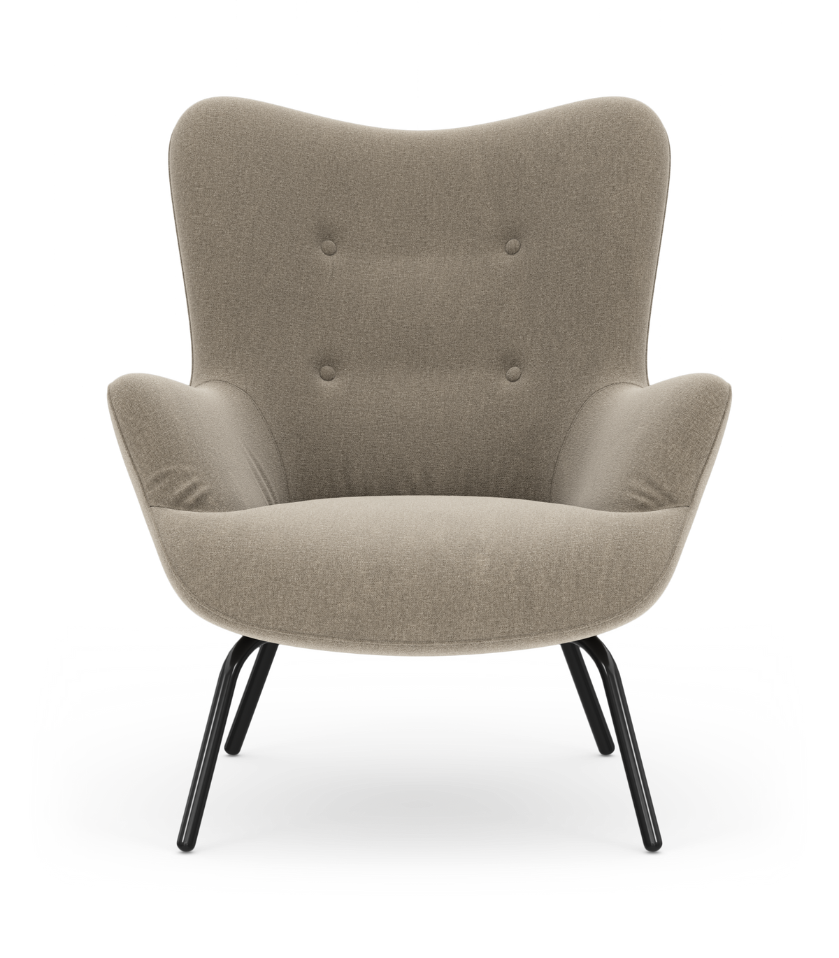 Framåtvänd beige loungefåtölj med svarta metallben, frilagd mot vit bakgrund.