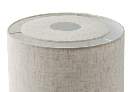 Cylindrisk lampskärm i beige linne‑look med toppring och mittöppning.