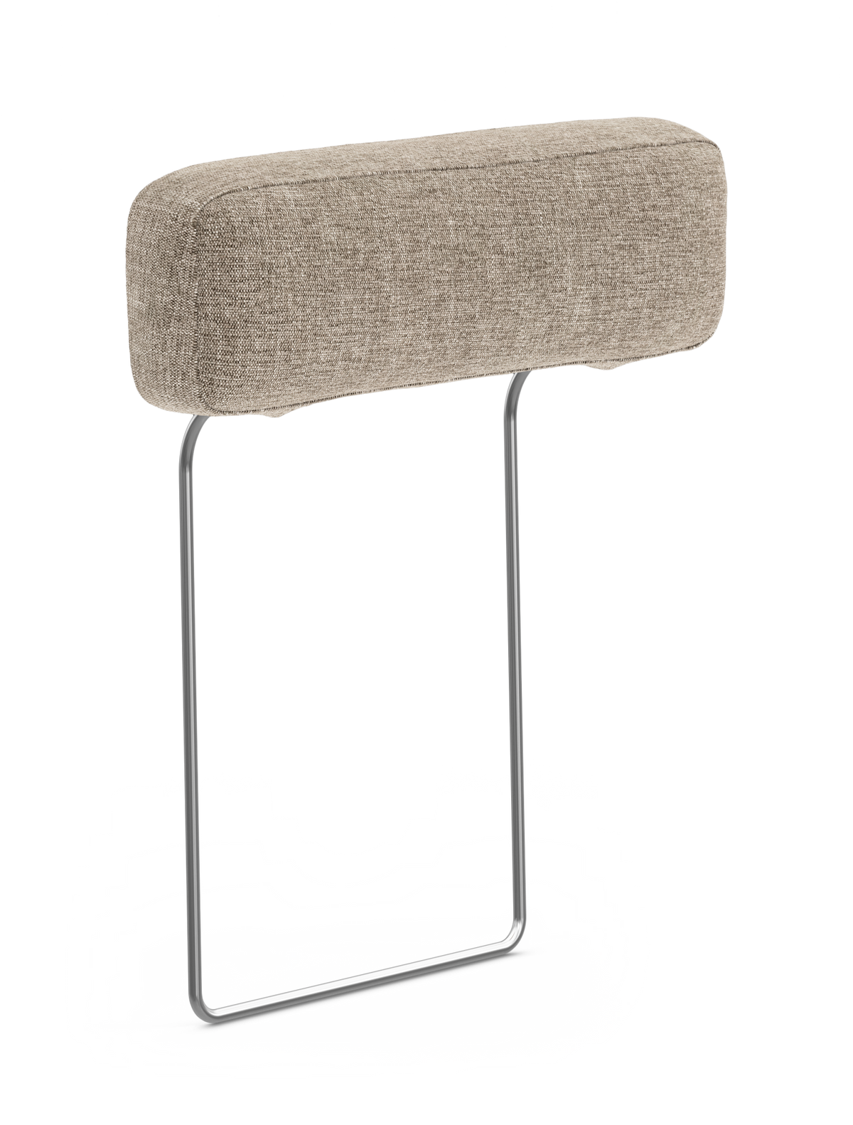 Beige tygklädd nackstödskudde på kromad metallram, frilagd mot vit bakgrund.