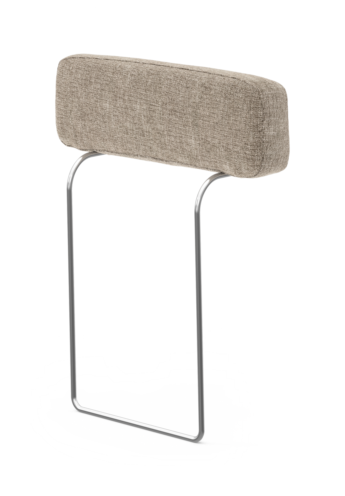 Beige, rektangulärt nackstöd i tyg med kromade rörben, frilagt på vit bakgrund.