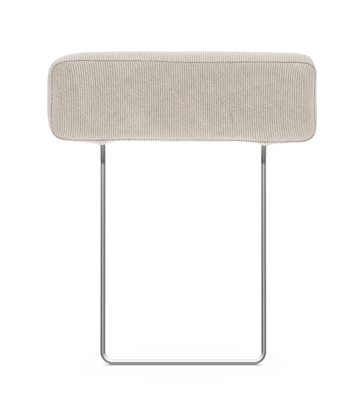 Bänk med beige manchesterklädsel på kromad slädbas, frilagd mot vit bakgrund.