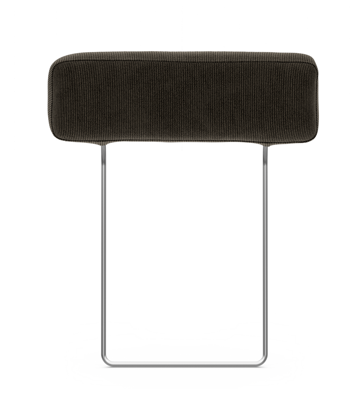 Mörk, rektangulär stoppad pall/benk med slädbas i krom, frilagd på vit bakgrund.