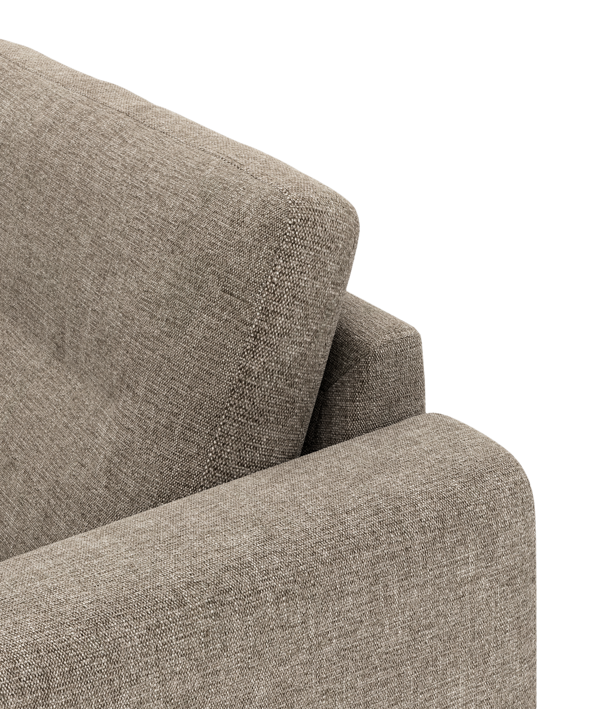 Närbild på hörn av en beige/grå tygsoffa med lös ryggkudde.