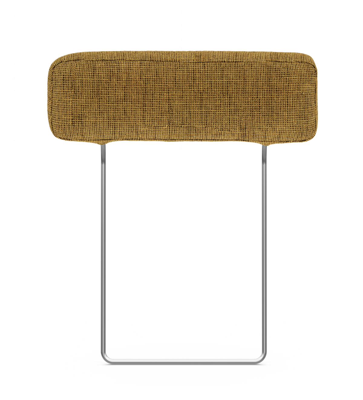 Modern pall med senapsgul vävd dyna och U-format kromat metallunderrede, frilagd på vit bakgrund.