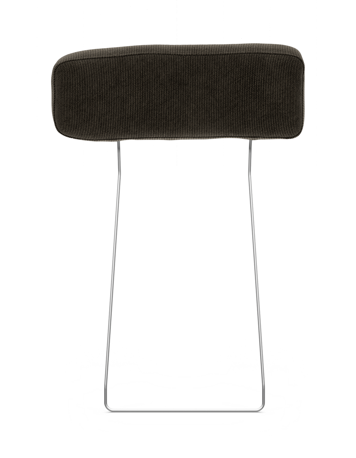 Mörkgrå huvudstödskudde i ribbad sammet med kromade metallben, frilagd mot vit bakgrund.