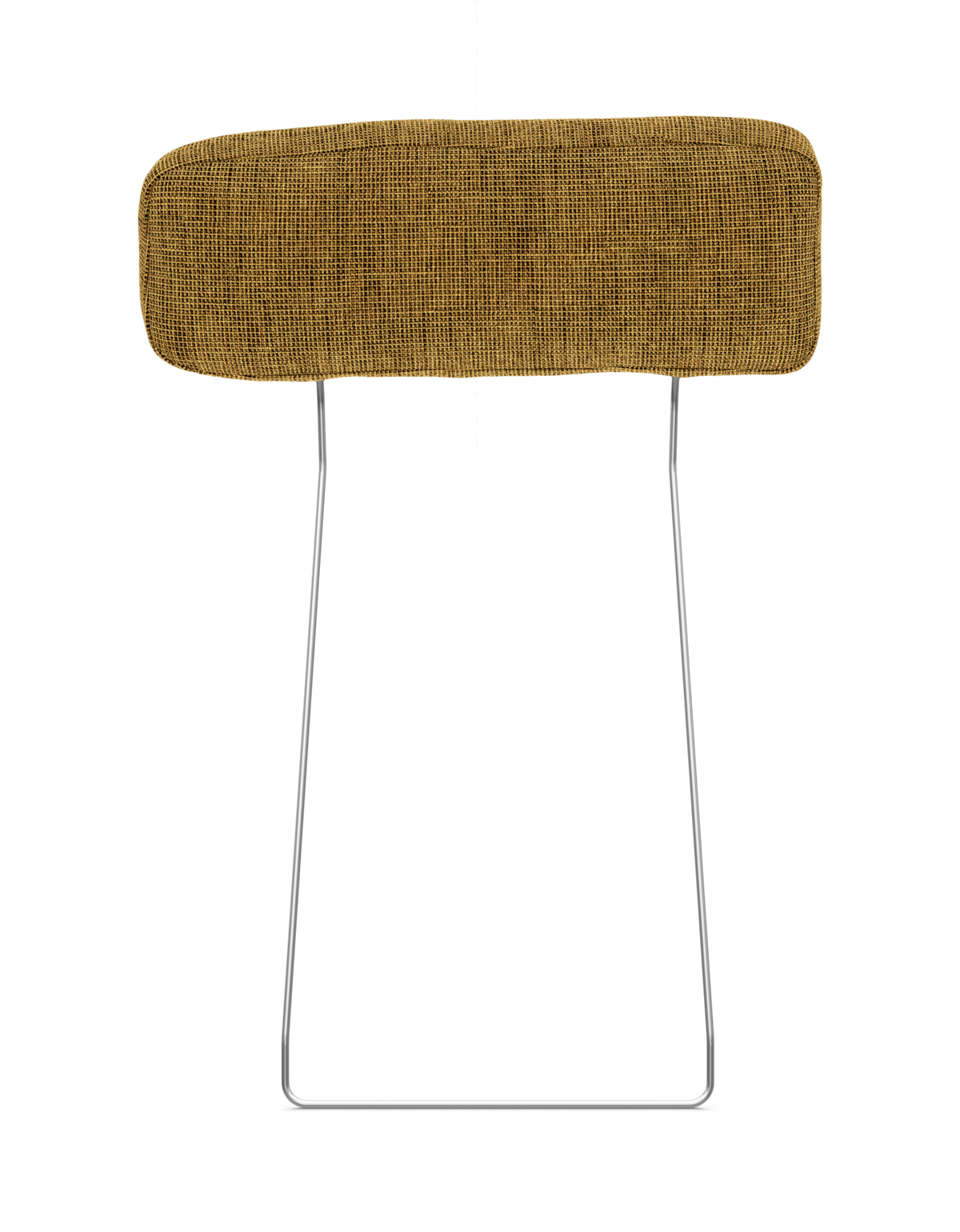 Beige/mustardfärgad polstrad ryggkudde med kromade metallben, frilagd på vit bakgrund.
