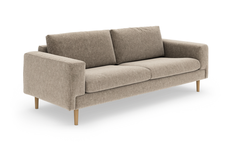 Beige tresitssoffa i tyg med träben, modern minimalistisk design, produktbild mot vit bakgrund.