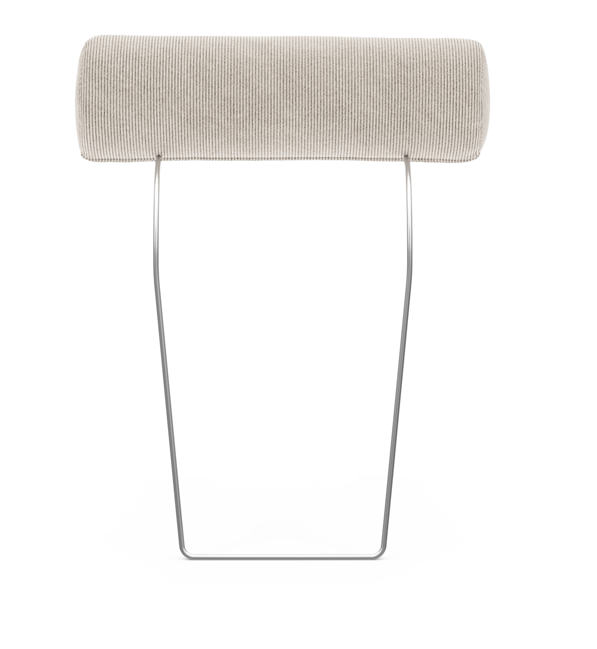 Beige cylindrisk nackkudde i manchester på U-formigt kromstativ mot vit bakgrund.