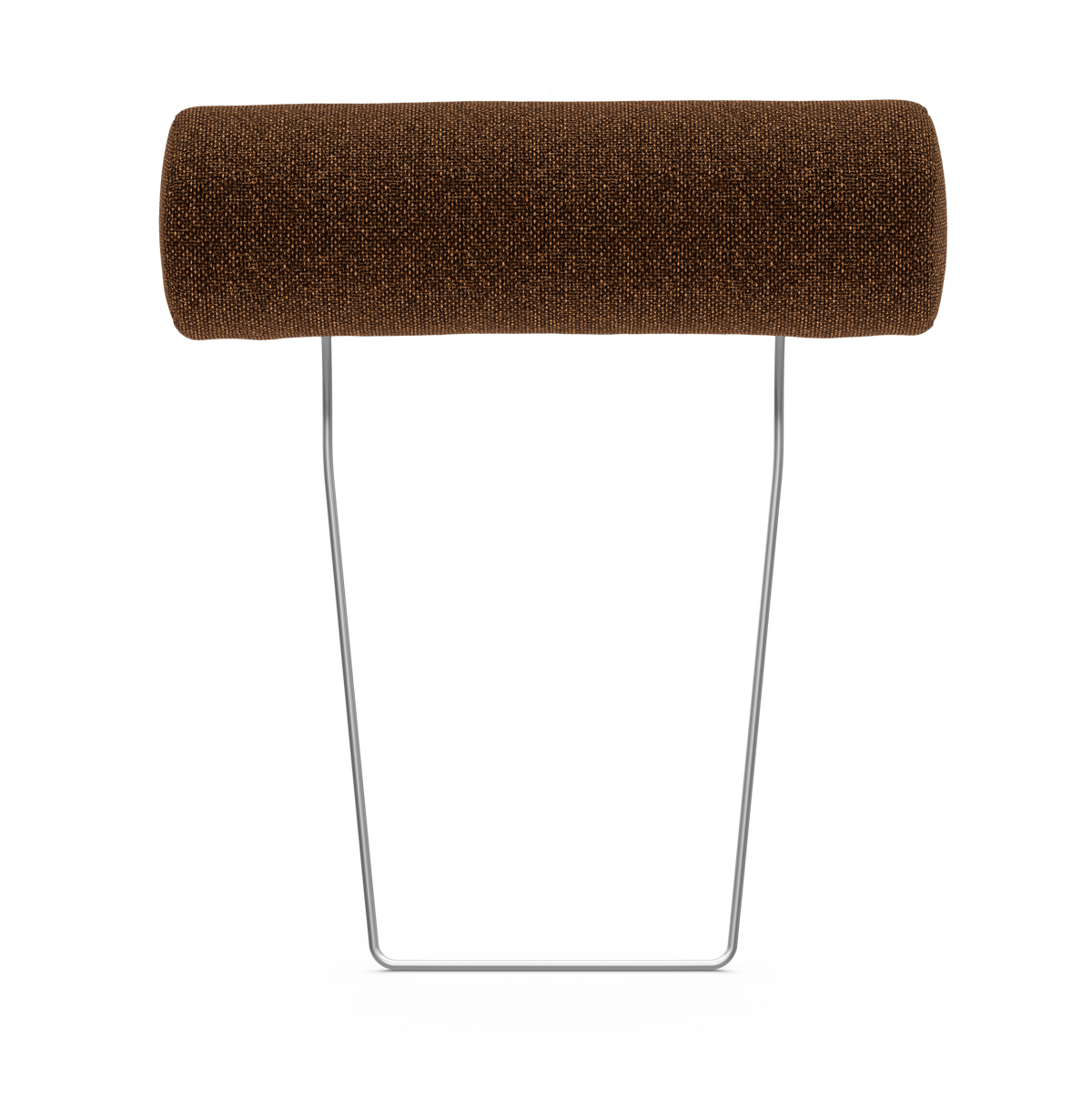 Brun cylinderformad kudde/bolster på kromad U-formad ställning, frilagd mot vit bakgrund.
