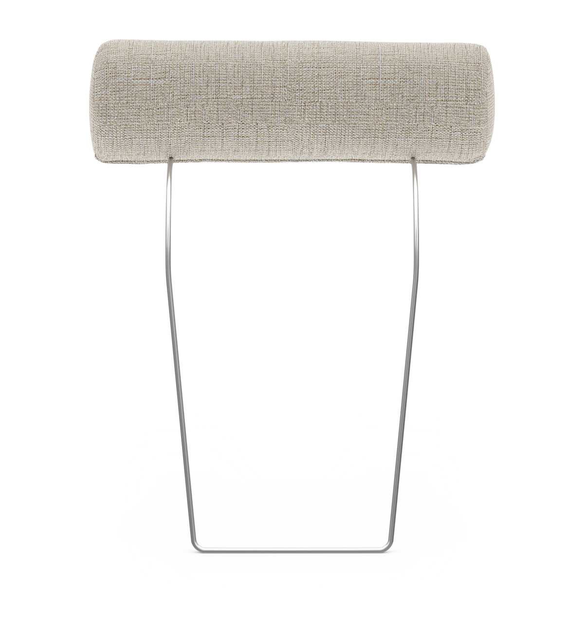 Beige cylindrisk nackstöd i tyg med kromad metallram, frilagd mot vit bakgrund.
