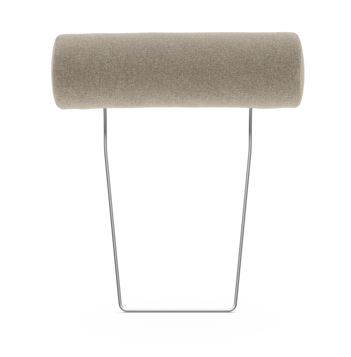 Cylindrisk nackkudde i beige tyg på kromad metallram, frilagd på vit bakgrund.