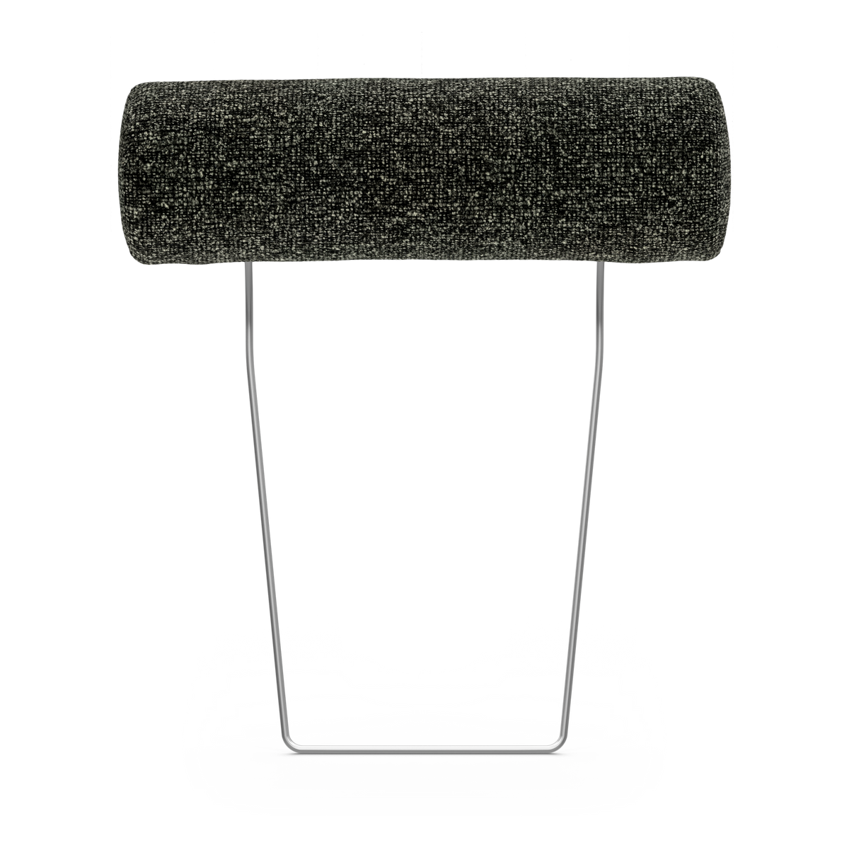 Cylindrisk kuddrulle i mörk textil på minimalistiskt stativ i metall, frilagd mot vit bakgrund.