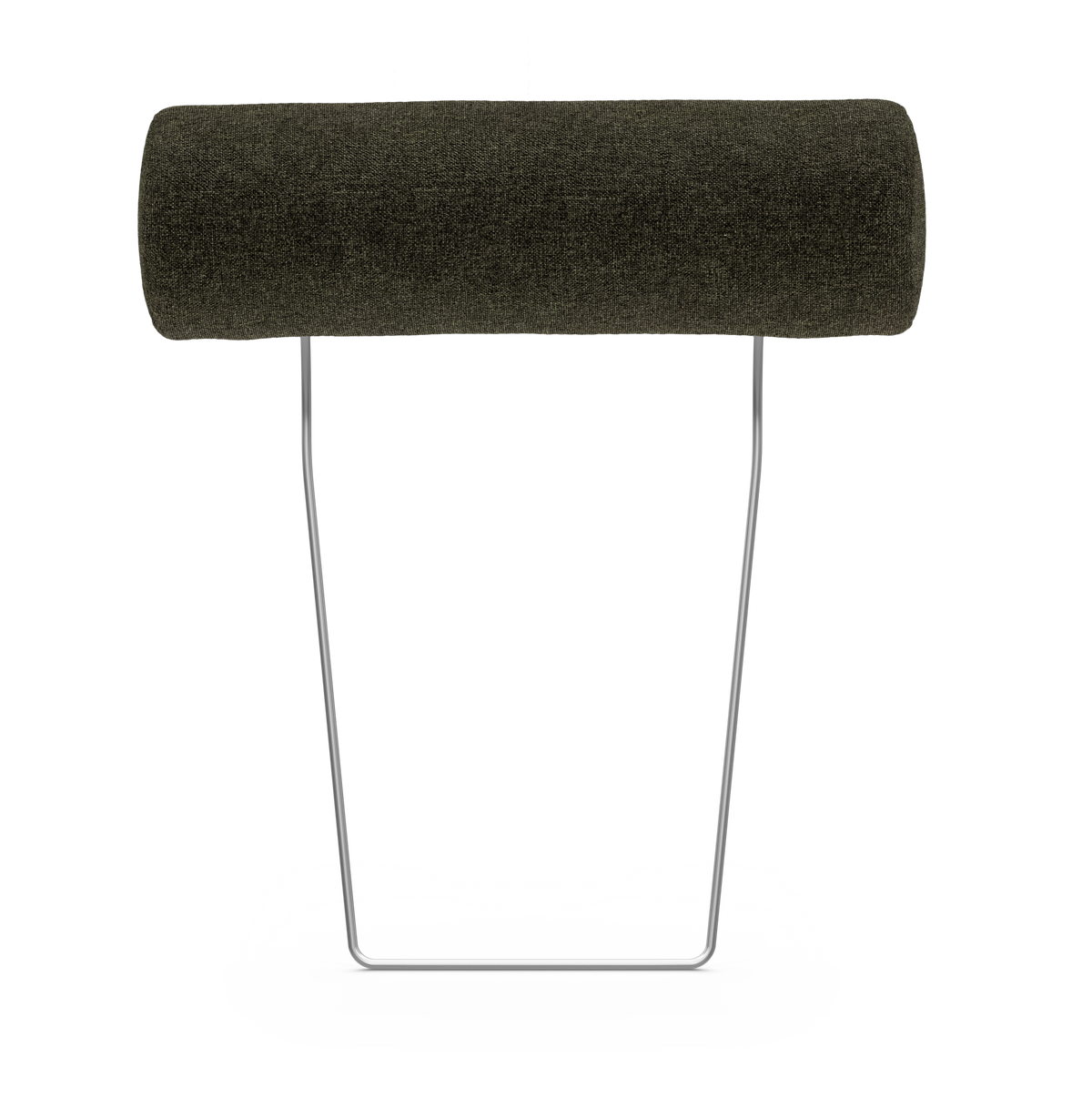 Mörkgrön cylinderformad nackkudde/bolster på slank metallställning, frilagd mot vit bakgrund.