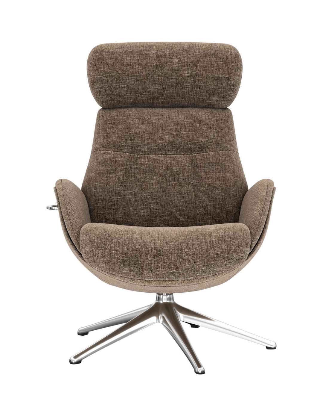 Brun loungestol med hög nackkudde och stoppad sits, snurrfot i krom, frontvy mot vit bakgrund.
