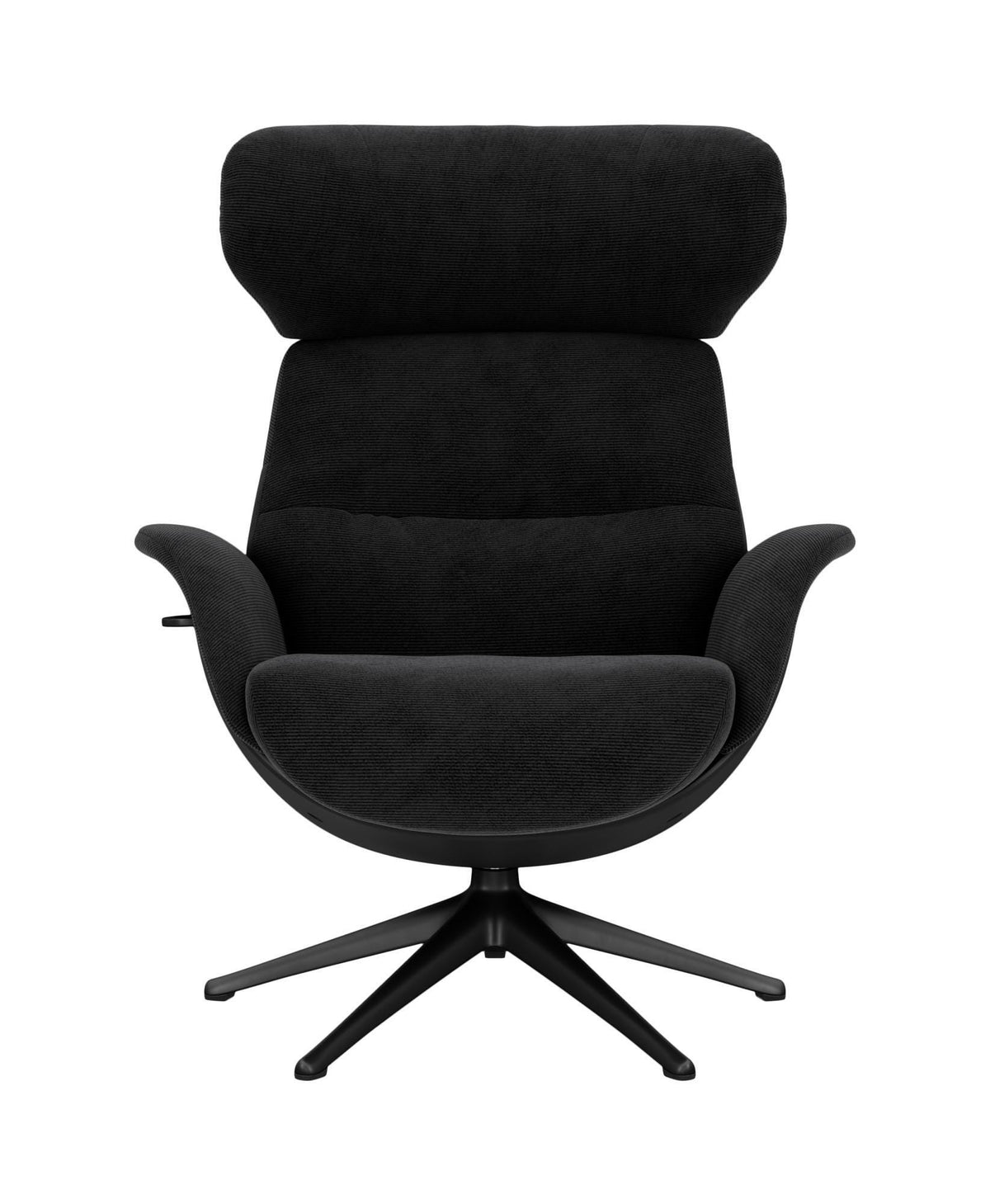 Svart snurrfåtölj med hög rygg och polstrade armstöd i modern design, sedd rakt framifrån.