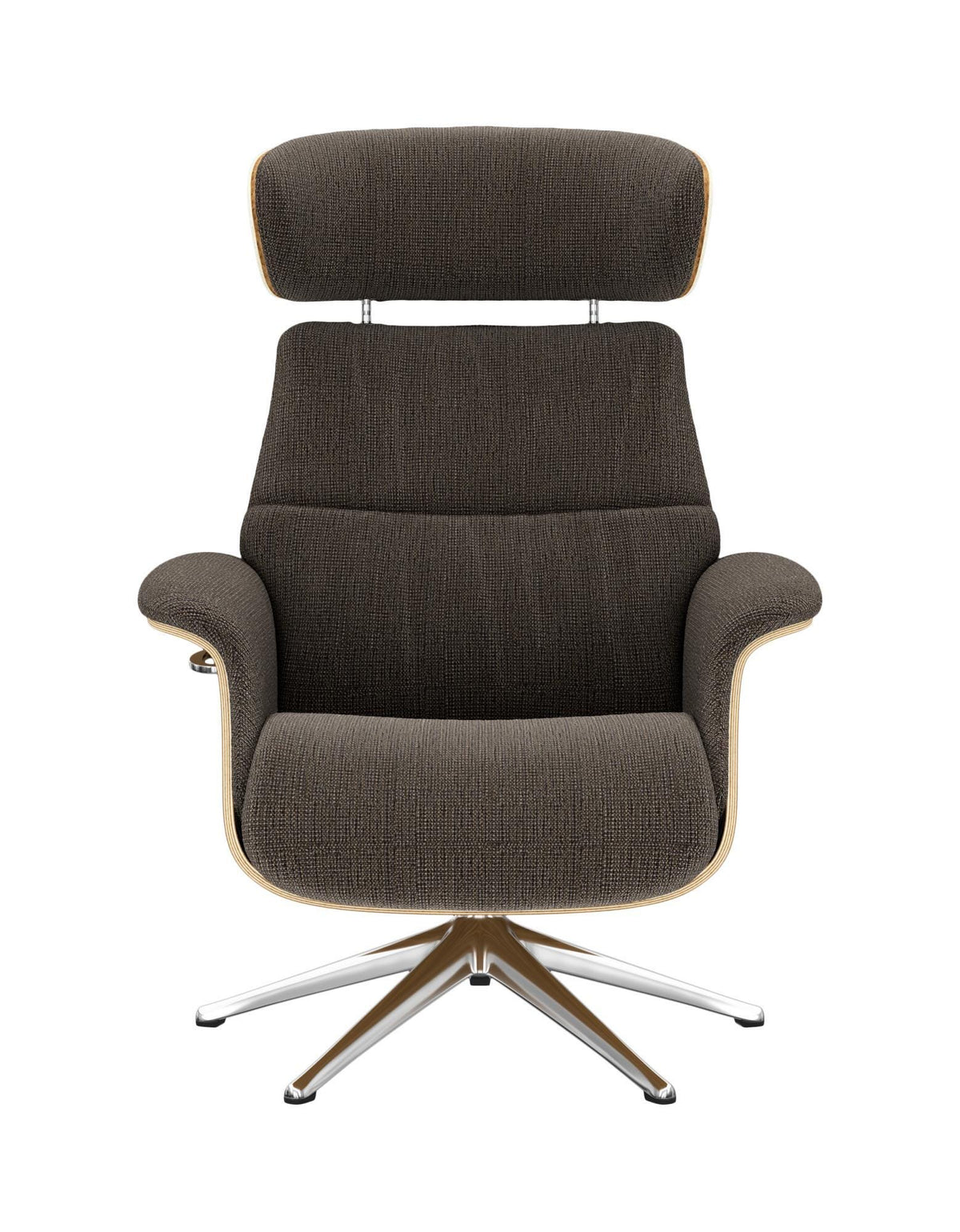 Modern loungestol i mörkgrå textil med hög nackkudde och metallisk stjärnfot, sedd framifrån.