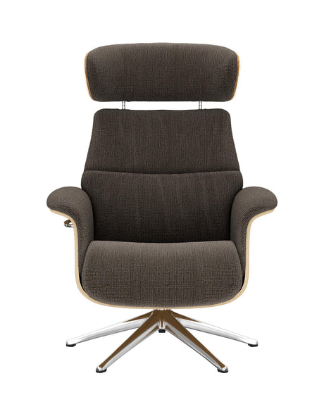 Modern loungestol i mörkgrå textil med hög nackkudde och metallisk stjärnfot, sedd framifrån.