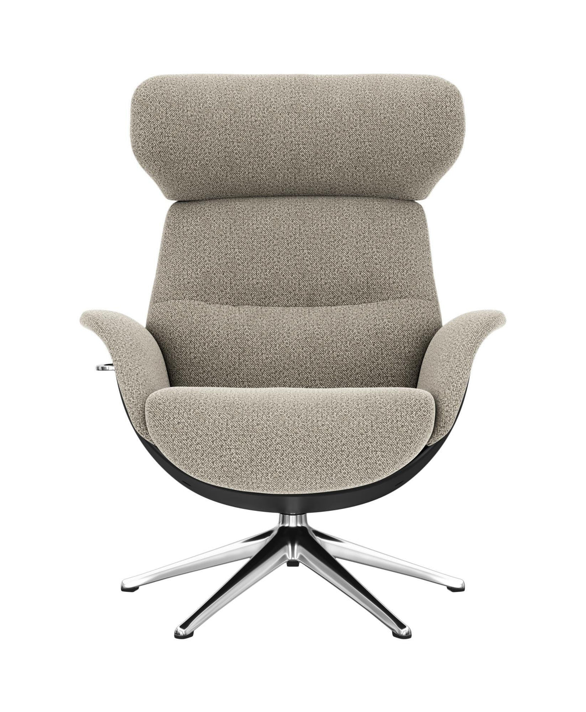 Framifrån: beige/grå fåtölj med hög rygg og svängbar korsfod i metall.