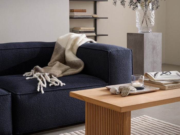 Stilrent vardagsrum med mörkblå soffa, beige pläd, träbord med ljus, stenar och böcker, varav en med titeln BILLEDKUNST; vägghylla och glasvas med grenar på piedestal.