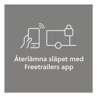 Återlämna släpet med Freetrailers app, ikon med smartphone og trailer på grå baggrund.