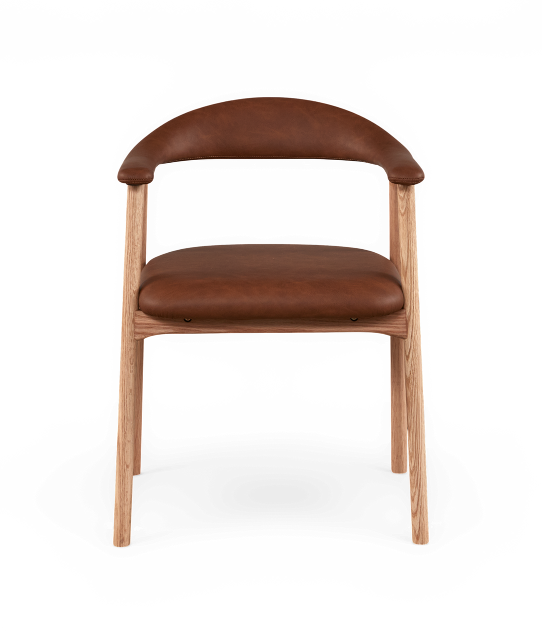 Modern matstol med ljus ekram och brun lädersits och välvd rygg.