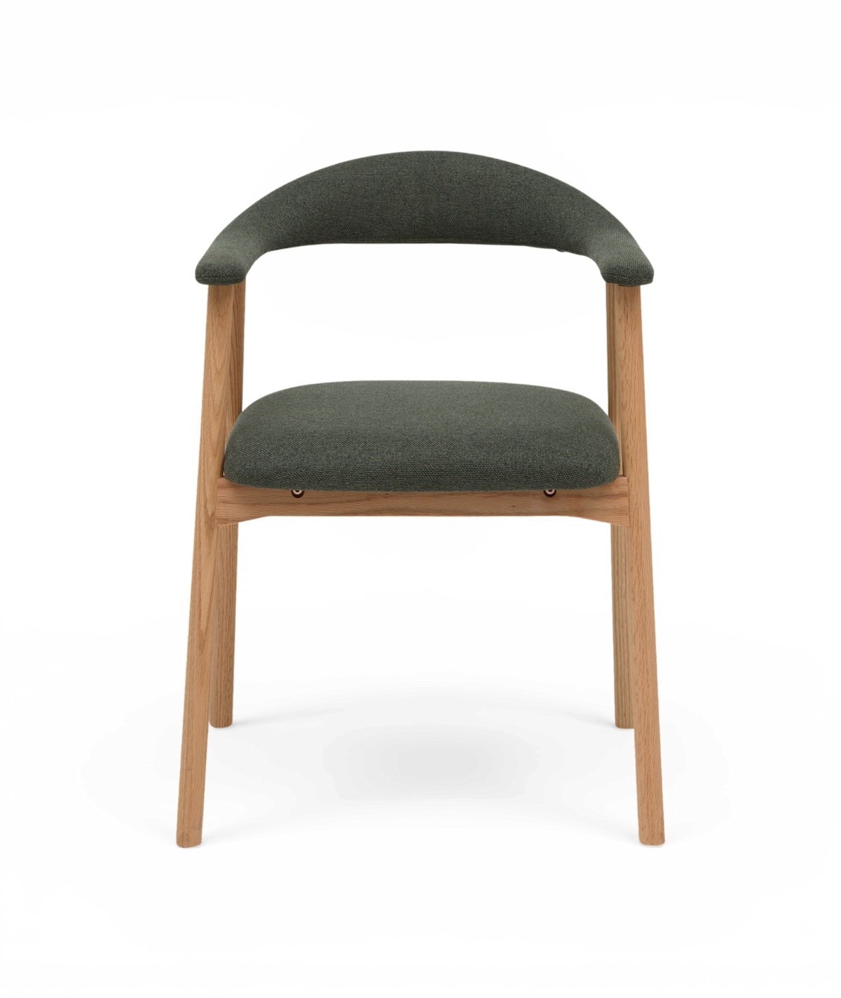 Stol med grön klädd sits och böjt ryggstöd, lätt ekstativ.