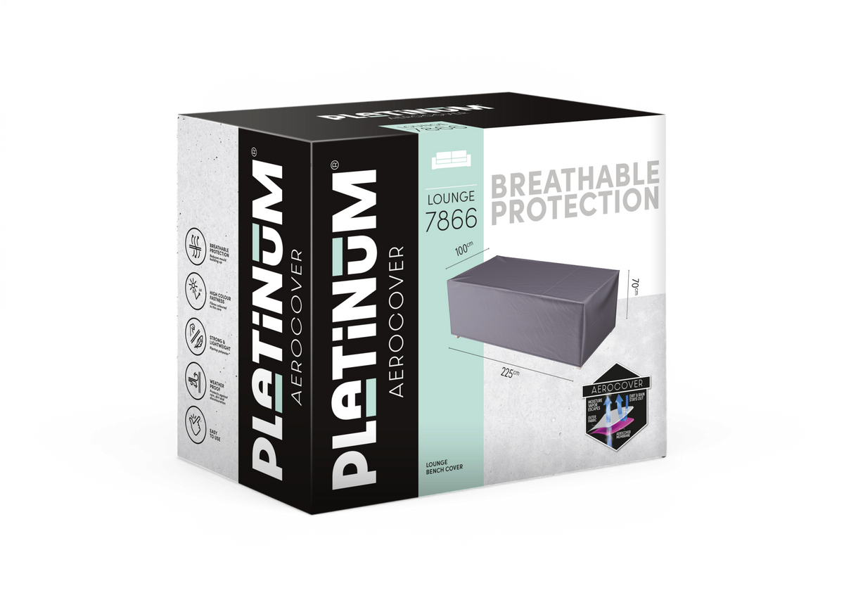 Förpackning för Platinum Aerocover lounge-bänköverdrag, modell 7866, med mått 225 × 100 × 70 cm och budskapet “Breathable Protection”.