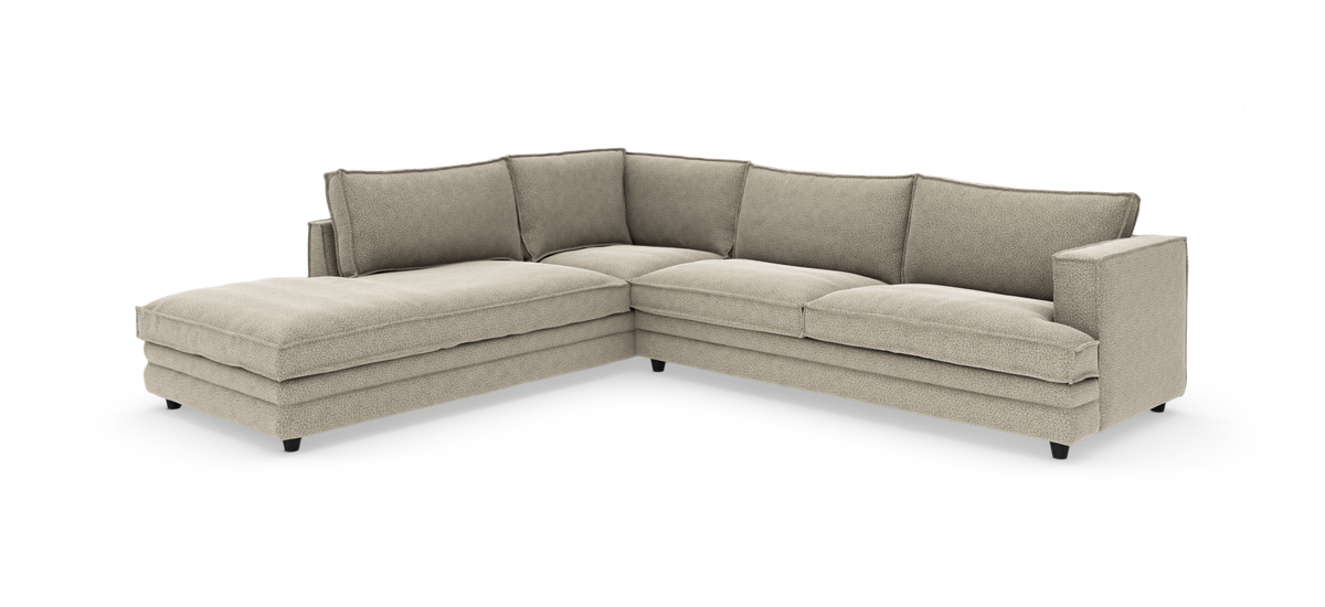 Beige L-formad modulsoffa med schäslong, frilagd på vit bakgrund.