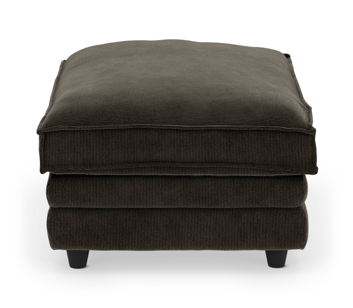 Mörkbrun corduroy-ottoman med korta svarta ben, frontvy på vit bakgrund.