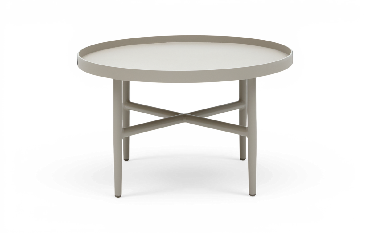 Runt sidobord med låg brickkant, neutral beige/greytopp och korsformat stag mellan fyra ben i metall.