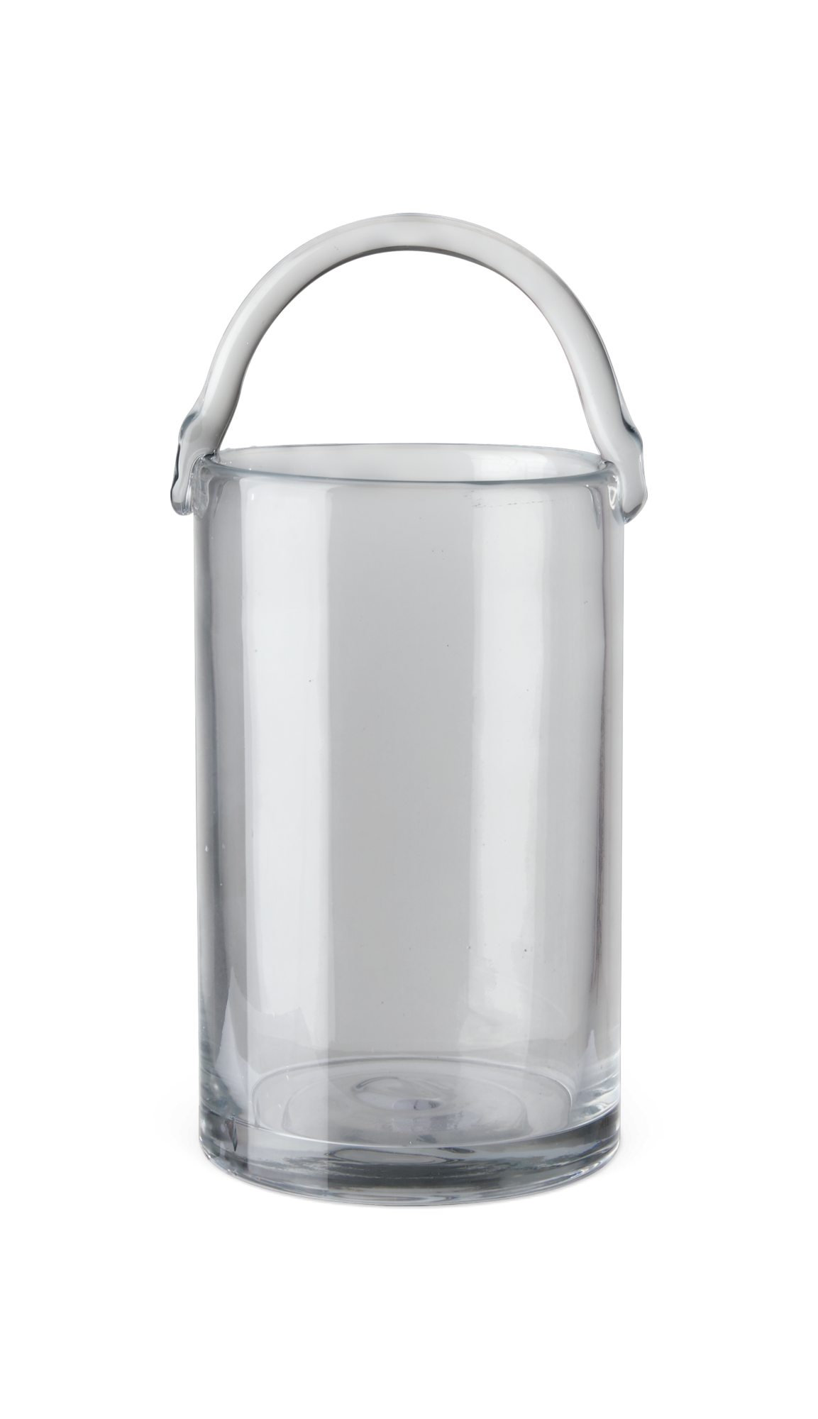 Cylindrisk glasvas med välvd bärhandtag på svart bakgrund.