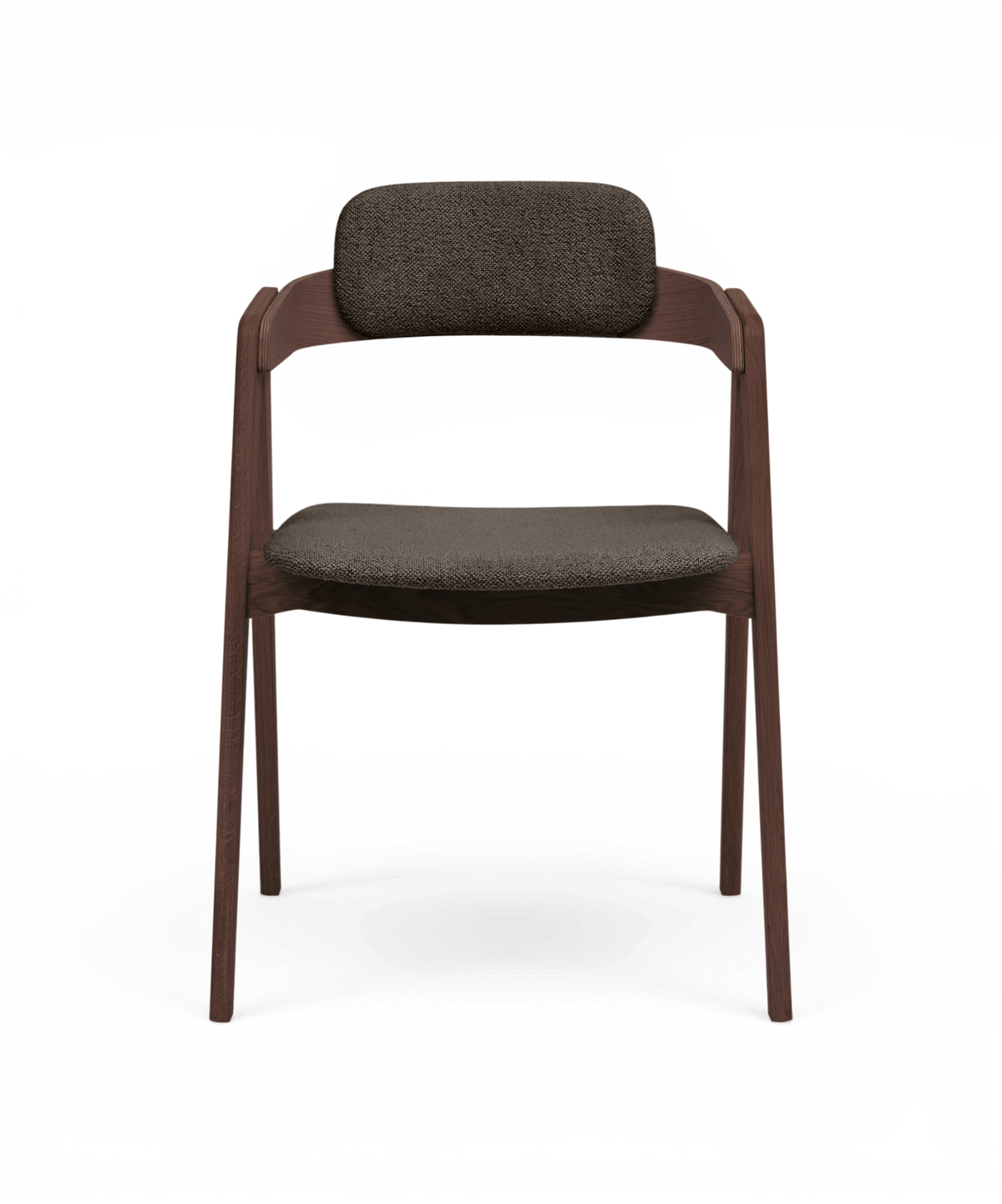 Modern stol med mörkbrun trästomme och mörkgrå vadderad sits och rygg, frilagd på vit bakgrund.