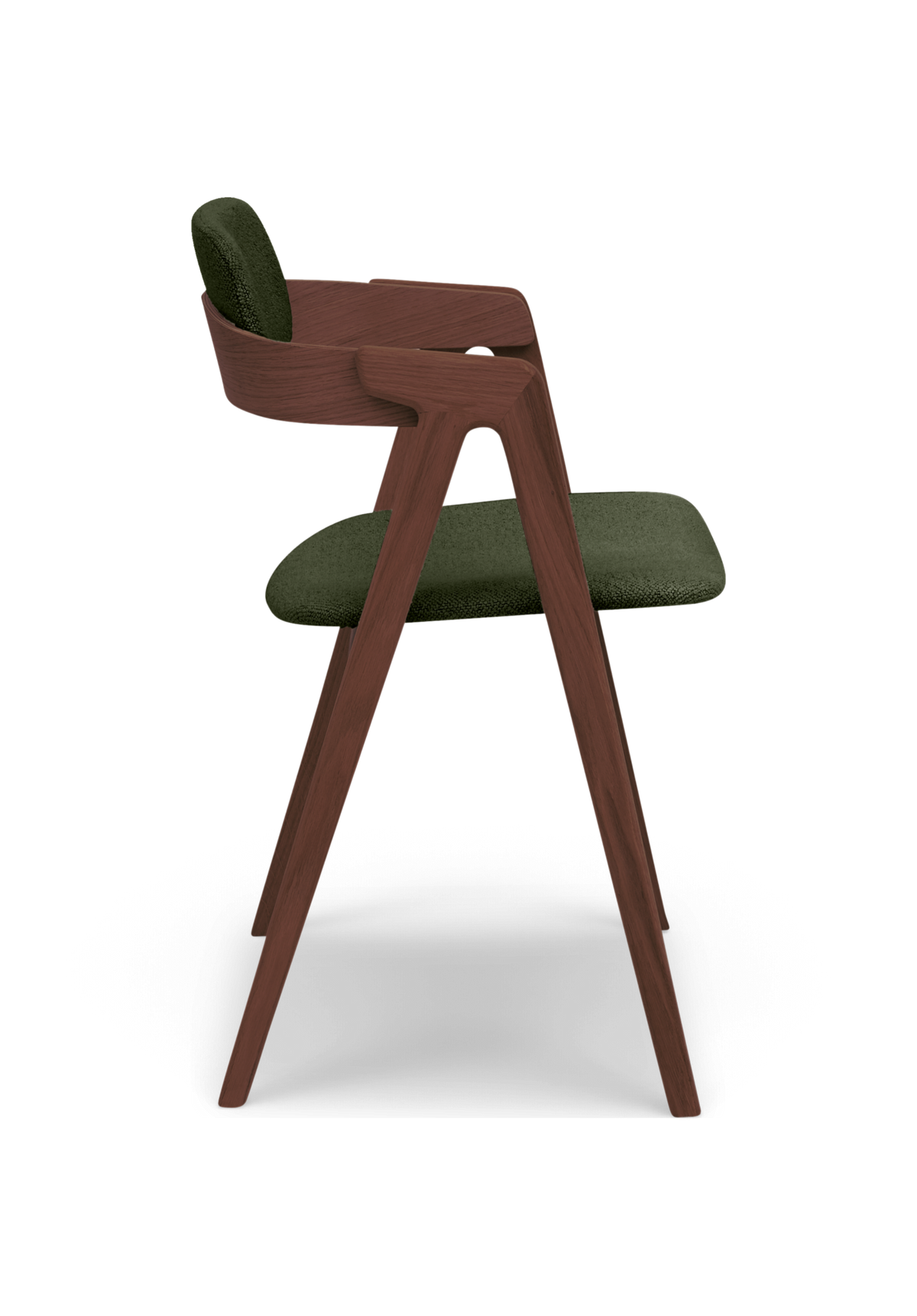 Modern stol i mörk valnöt med gröna sits- och ryggdynor, sidovy på vit bakgrund.