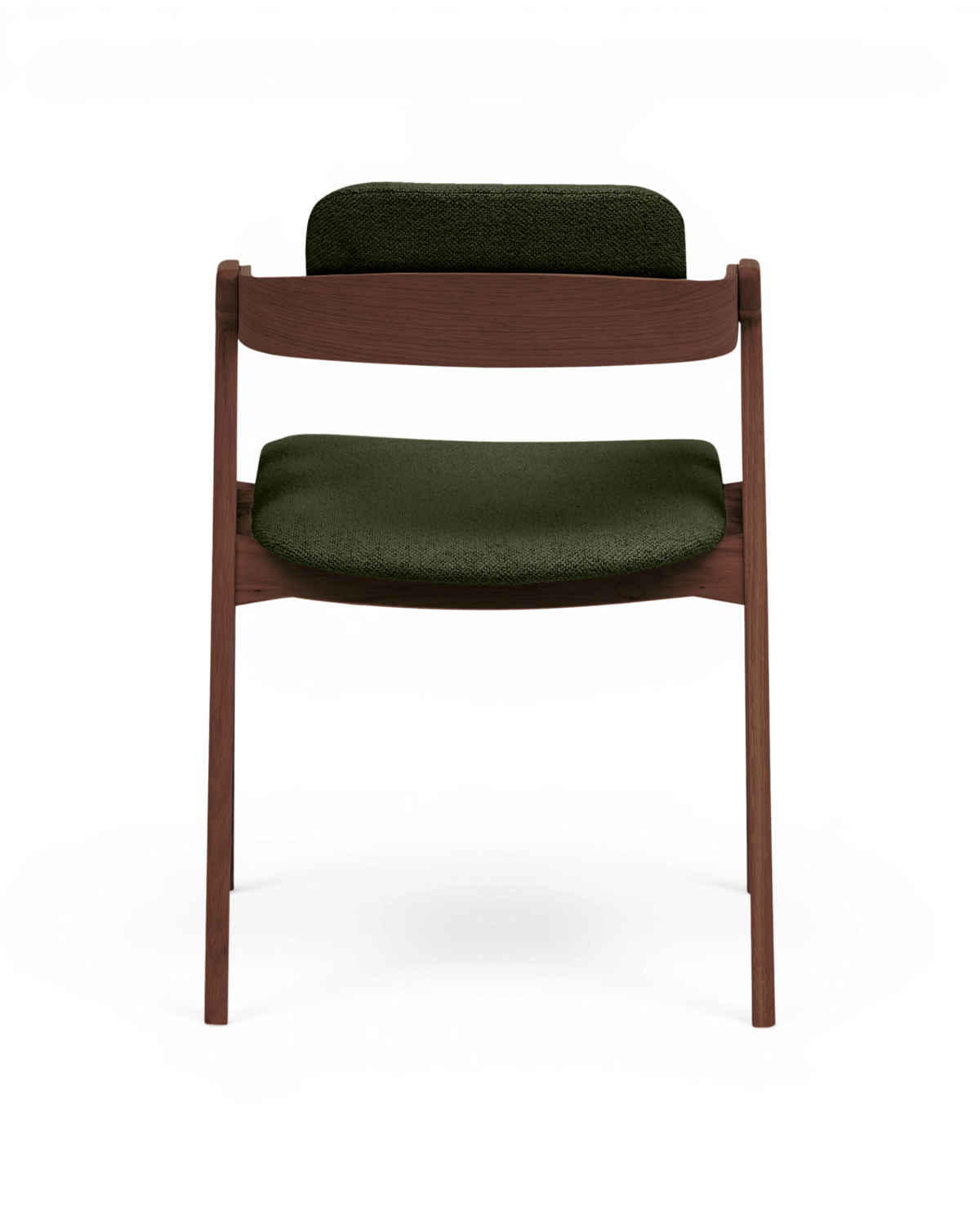 Framåtvänd stol i mörk valnöt med gröna tygdynor på sits och ryggstöd.
