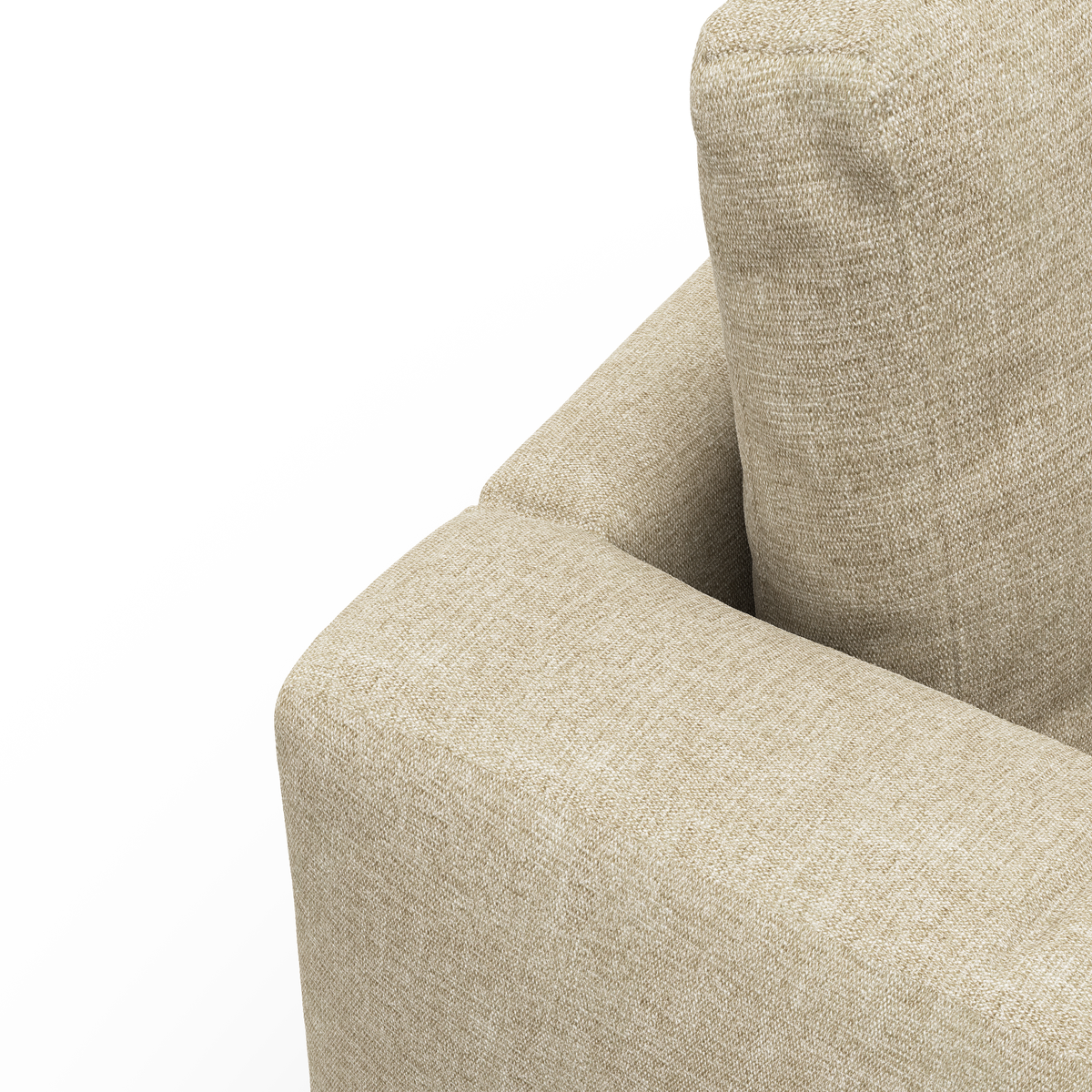 Närbild på beige soffhörn med armstöd och ryggkudde i strukturväv.