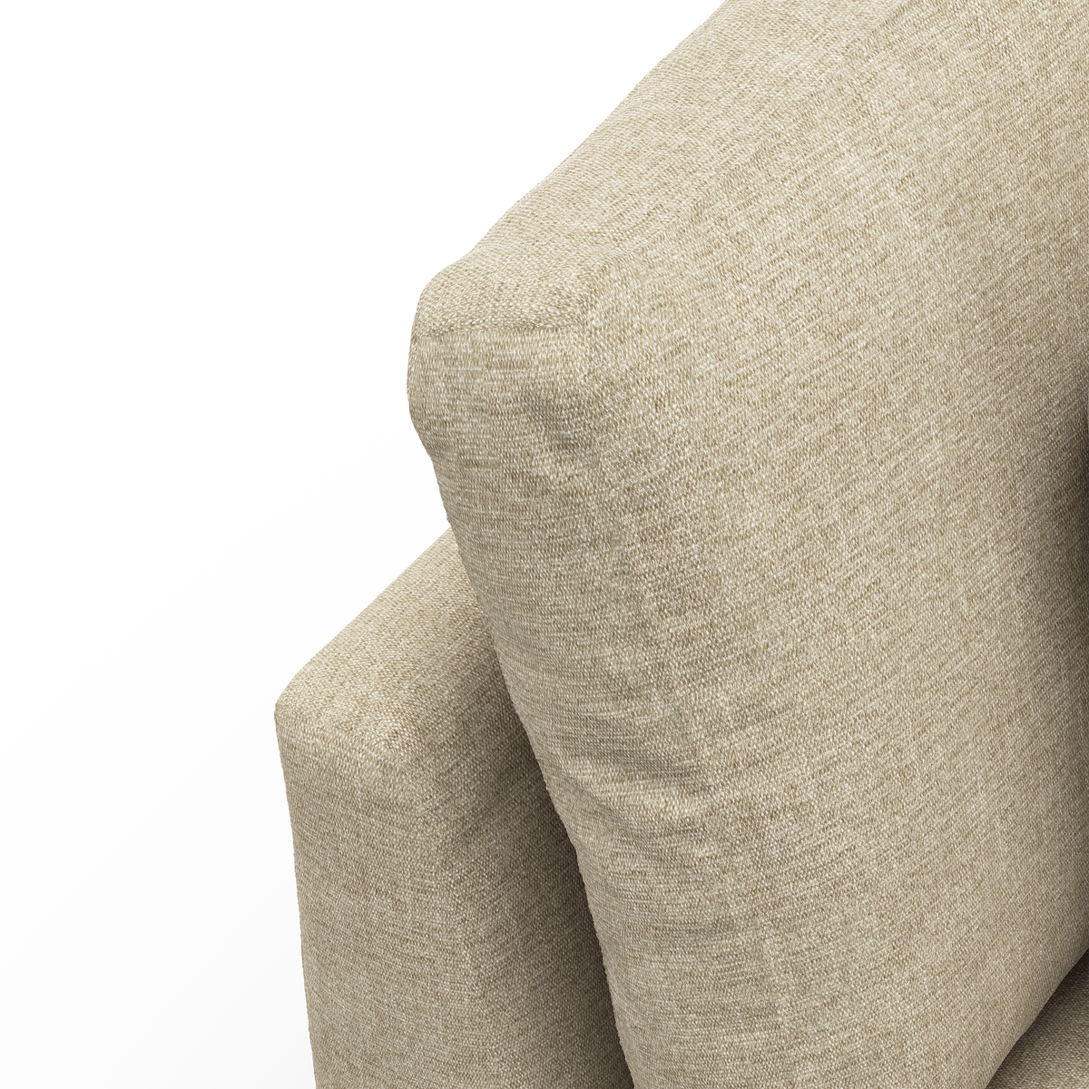 Närbild av beige soffryggkudde i linneliknande tyg mot vit bakgrund.