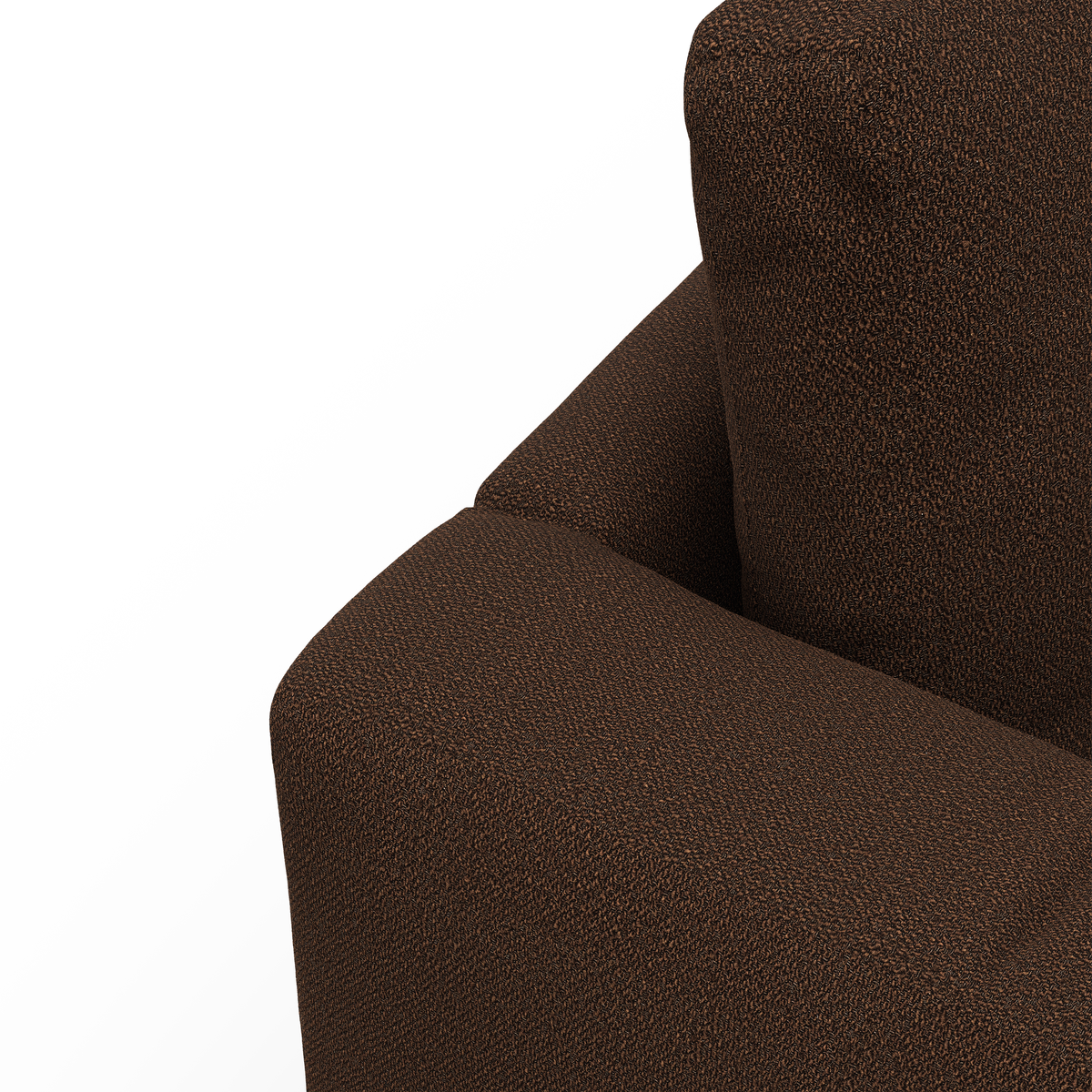 Närbild av brun, texturerad soffa med armstöd och ryggkudde mot vit bakgrund.