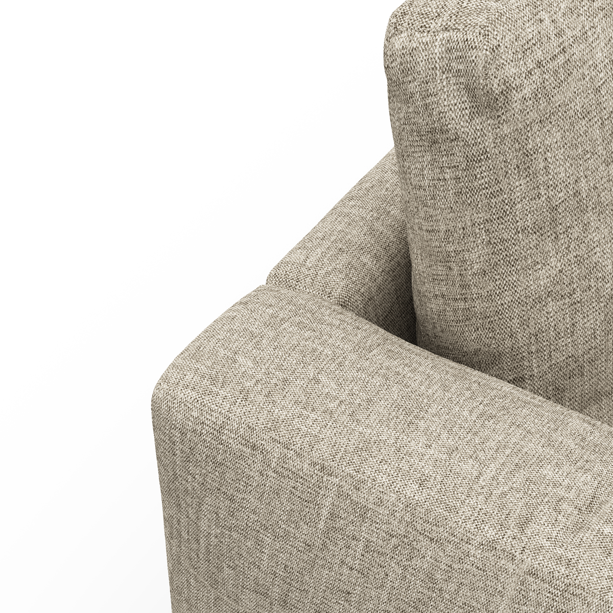 Närbild på beige tygsofas armstöd och ryggkudde mot vit bakgrund.
