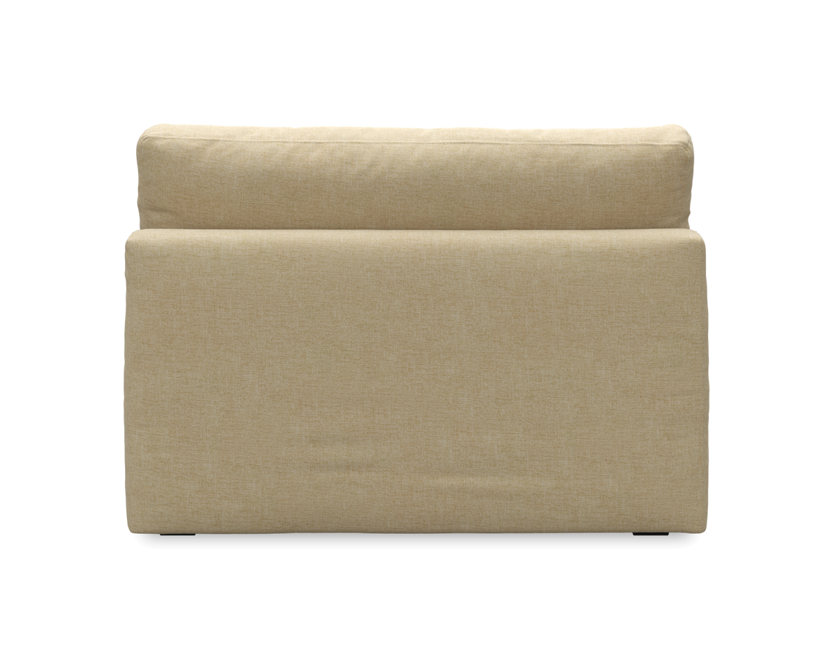 Beige klädd ryggstödskudde/modul sedd framifrån, frilagd på neutral baggrund.