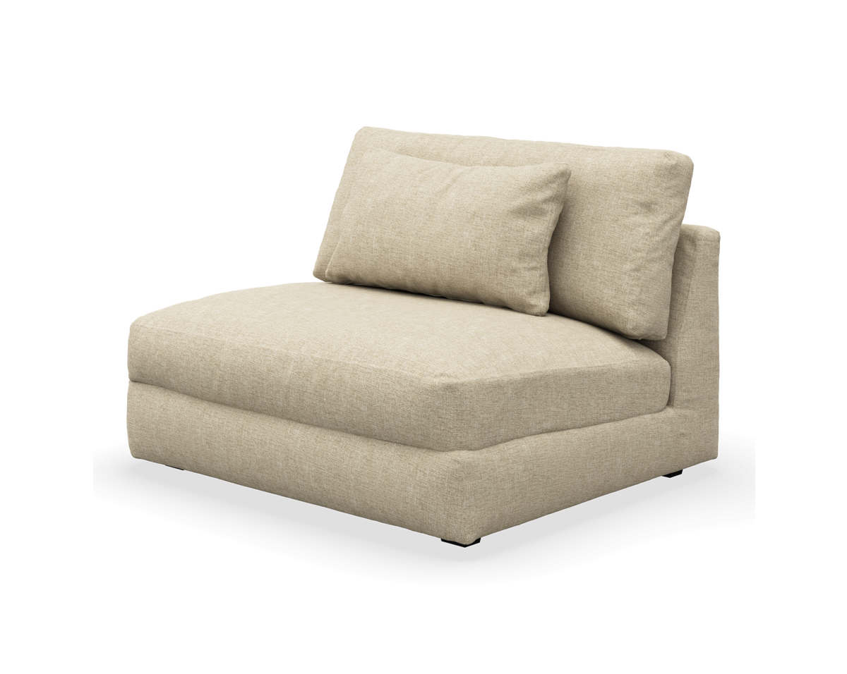 Beige modulär armlös loungedel med två ryggkuddar, frilagd produktbild.