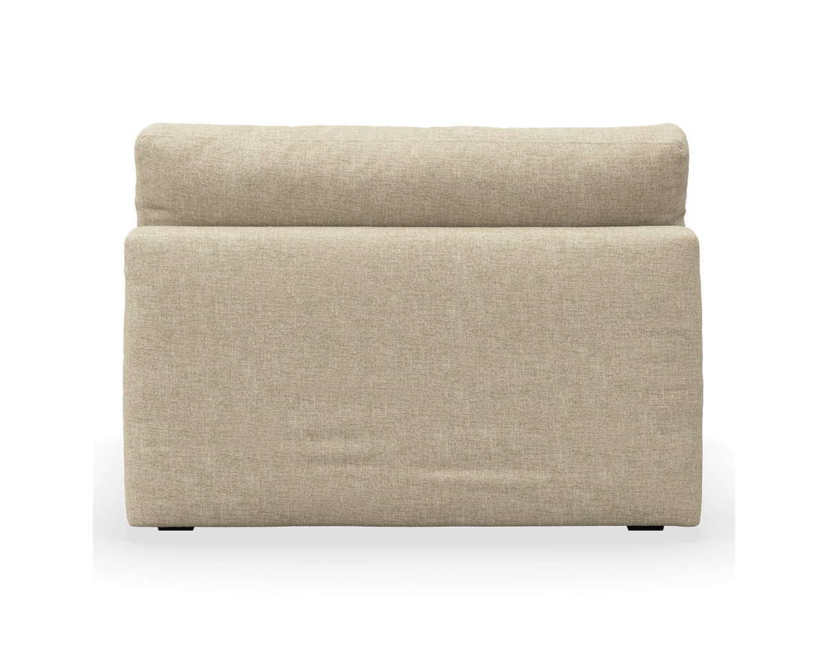 Beige soffrygg/sektion i textil, rakt framifrån mot vit bakgrund.