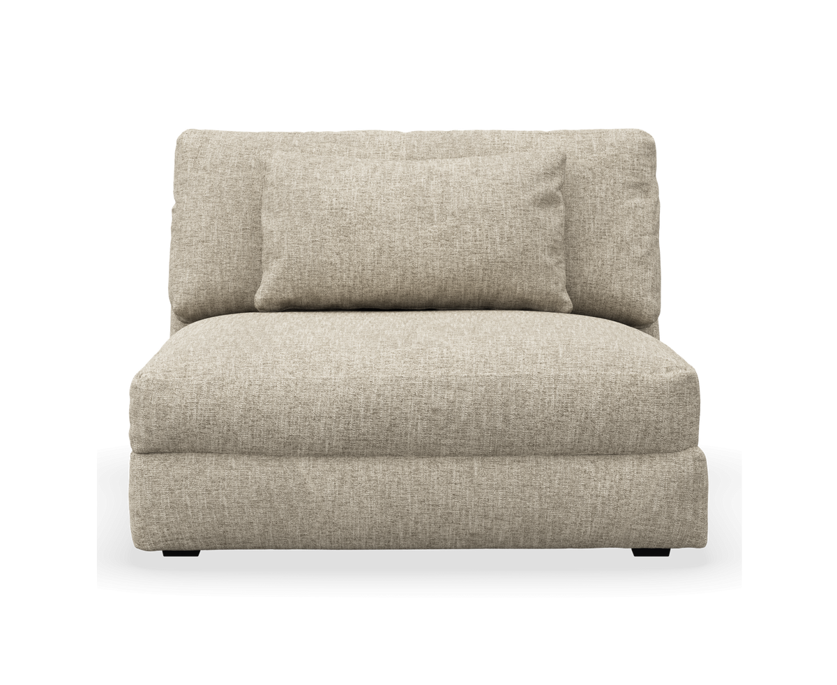 Beige modulsoffa utan armstöd, frontvy med rygg- och sittkudde.