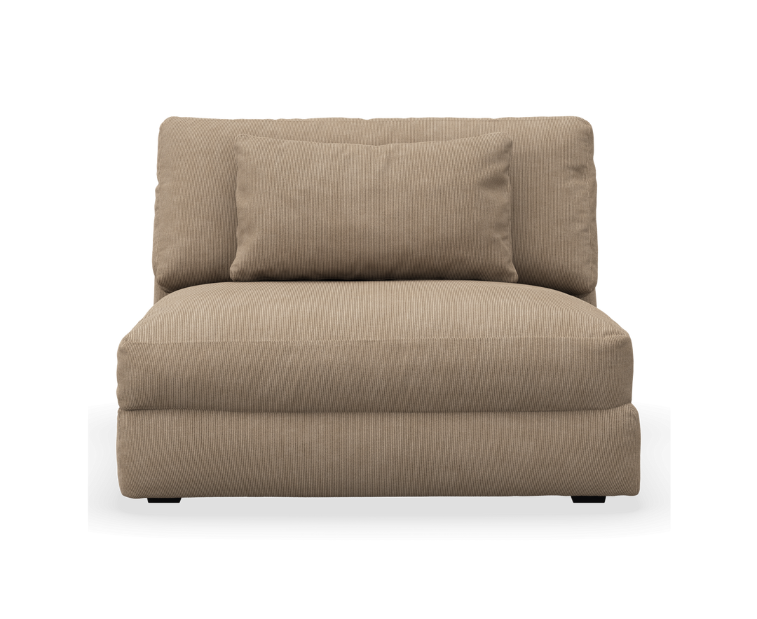 Beige armlös loungemodul med rygkudde i frontvy på vit bakgrund.
